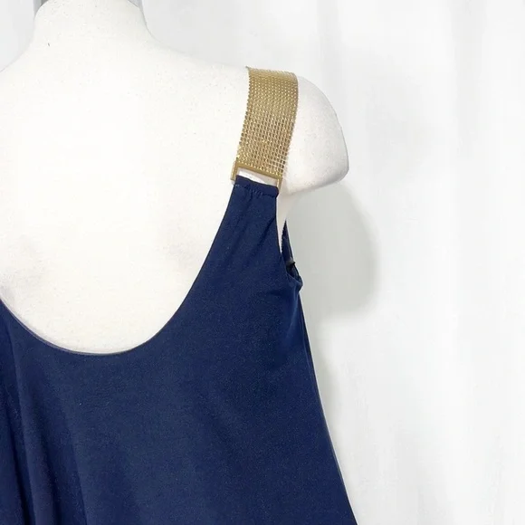 Betsy & Adam Navy Blue Gold Metal Mesh Ruffle One Shoulder Sheath Dress 4 NWT - Picture 7 of 13